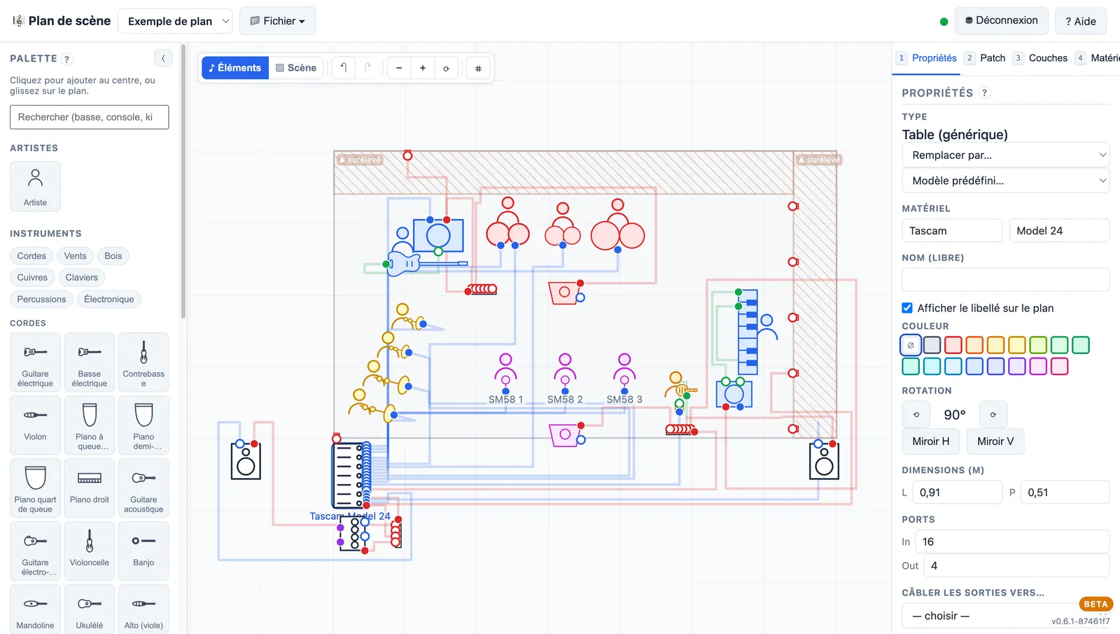 The stage plot editor on desktop, with the instrument palette on the left, a band laid out on the plan, and the properties panel for the selected mixer on the right.