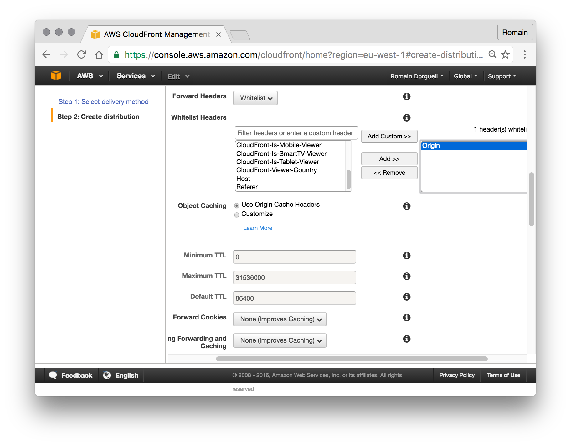 Cloudfront distribution creation, part 2: whitelisting the CORS headers.