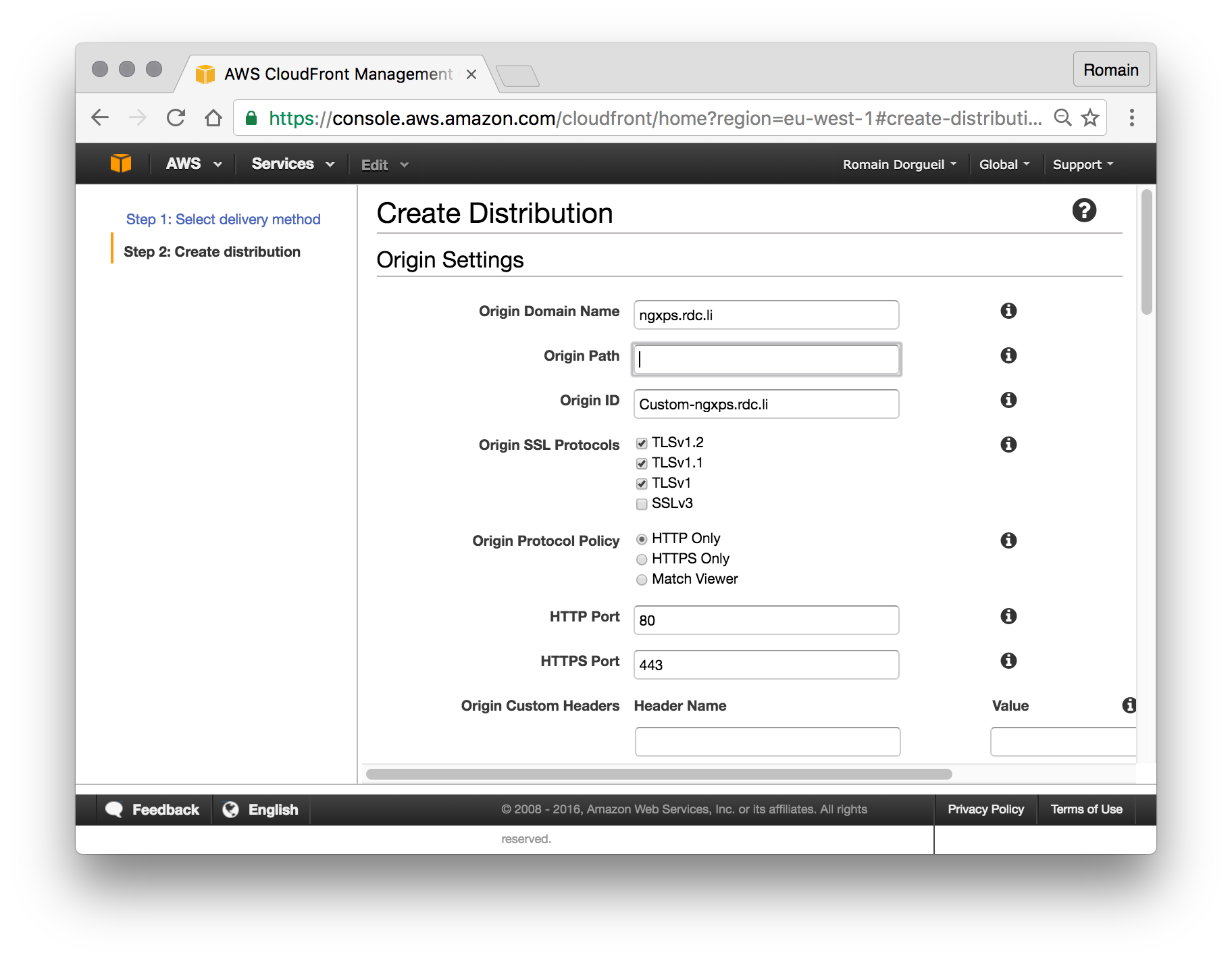 Cloudfront distribution creation, part 1: fully qualified domain name.